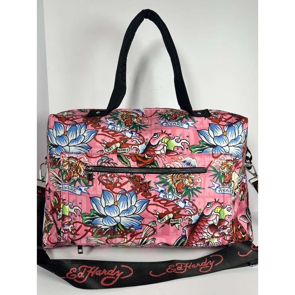 Ed Hardy Pink Tattoo Print Duffel Bag Kills Slowly Rhinestone Skull Weekender